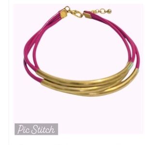 Pink Leather Bracelet, Stackable Leather Strand Bracelet, Gold Plated Tube…